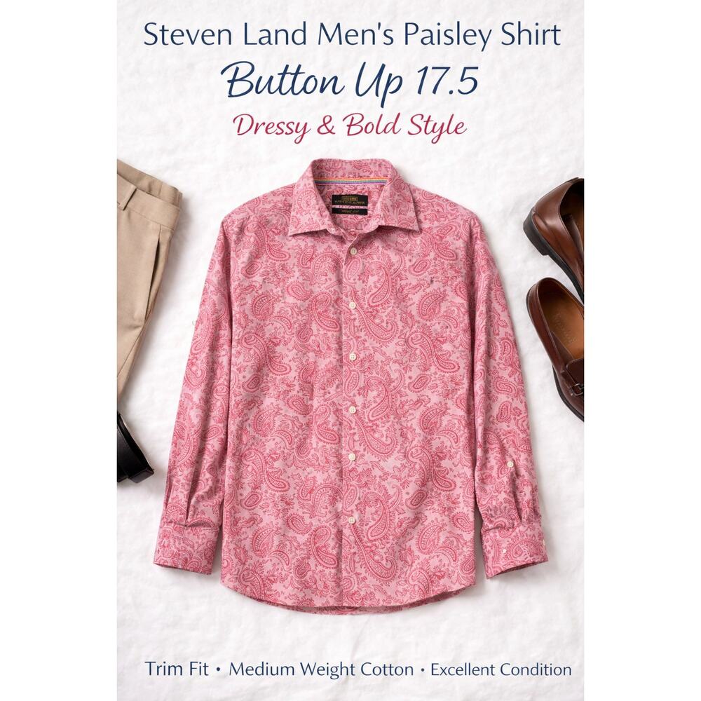 Steven Land Paisley Button Up Shirt Cotton Long Sleeve Pink 17.5